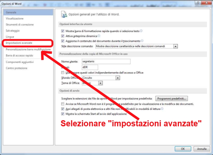 selezionare impostazioni avanzate